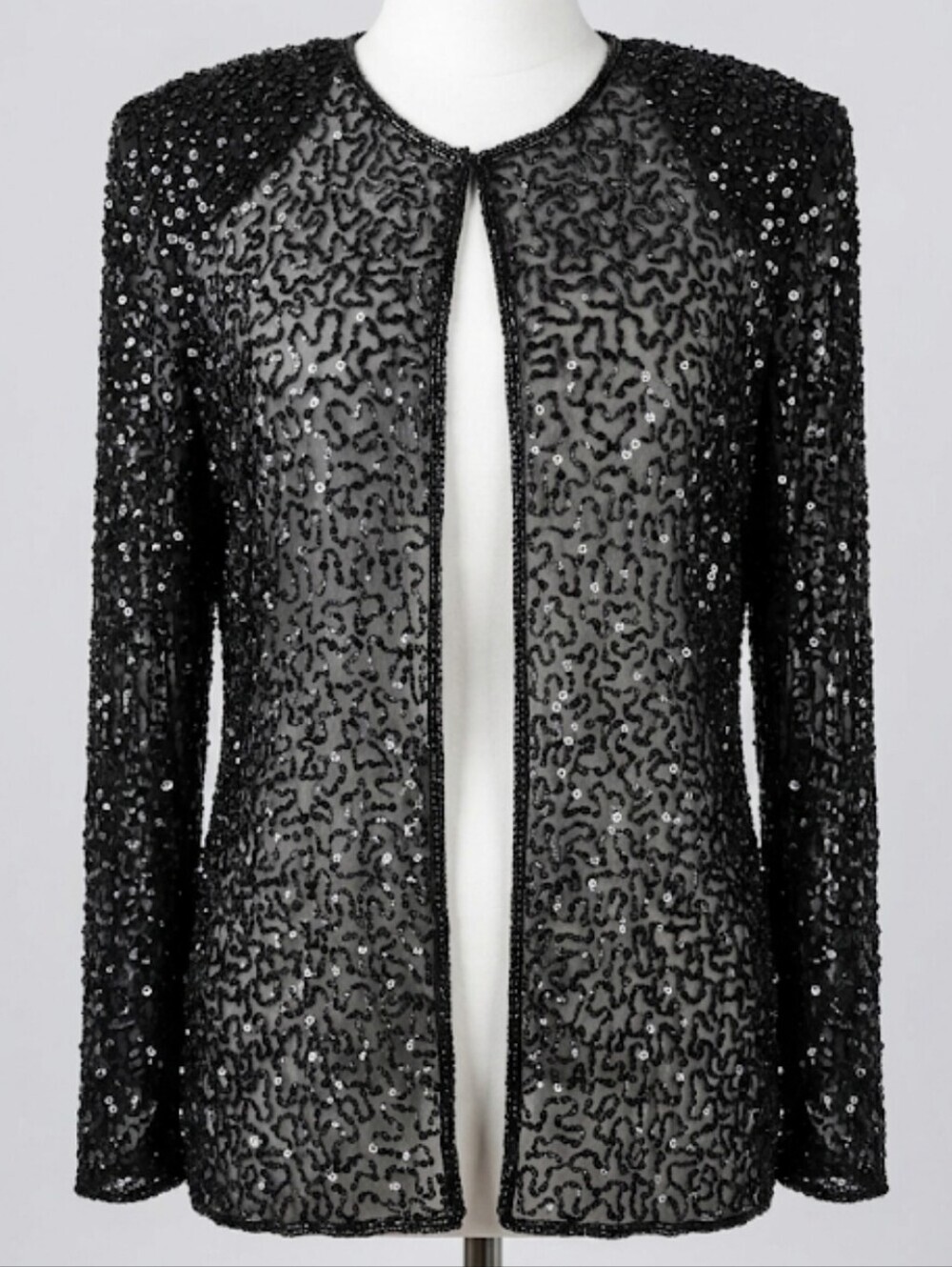 Vintage Stenay Black Silk Sequin Jacket XL Beaded Evening Party Cocktail Formal